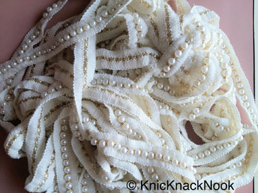 Off White Thread Trim With Pearl Embellishments, Dyeable Trim, Approx. 24mm Wide